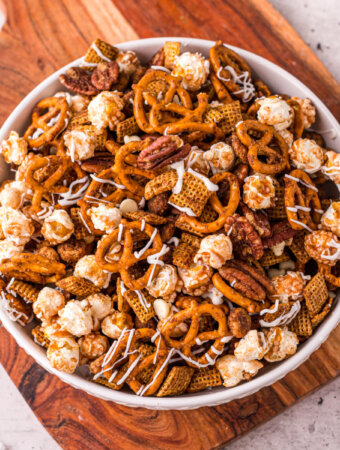 air fryer fall chex mix in bowl ready to serve