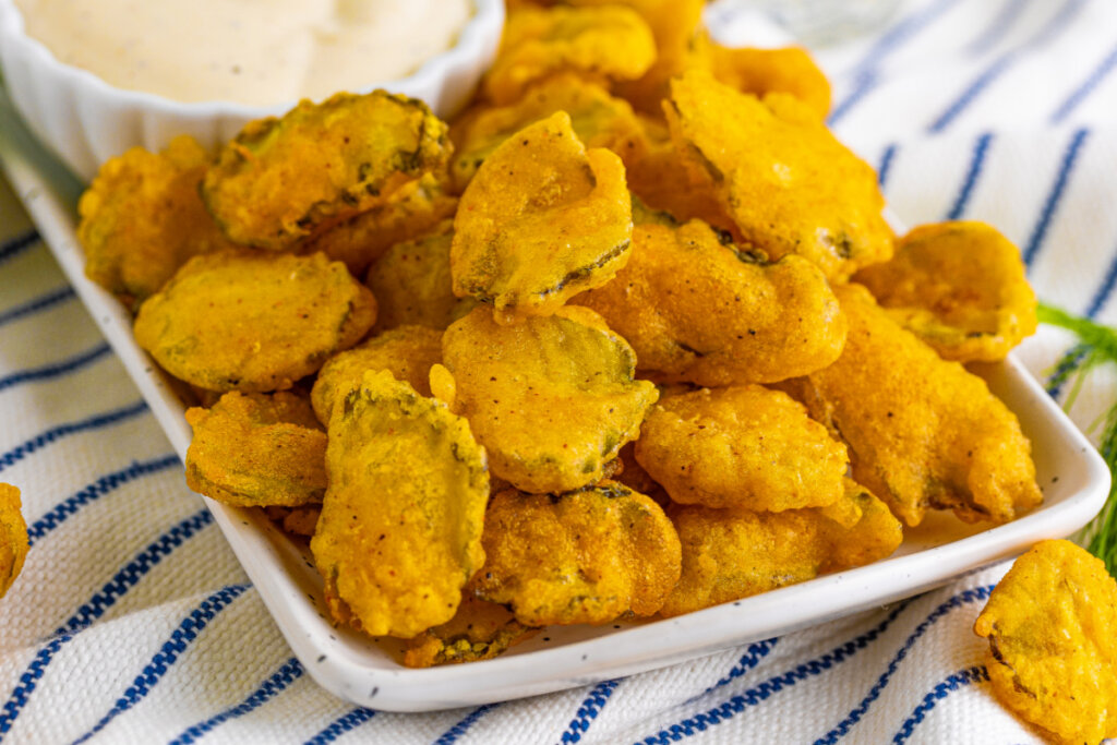 fried pickles on serving platter