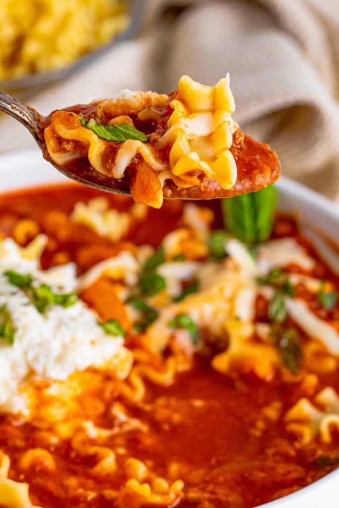 bite of lasagna soup on spoon