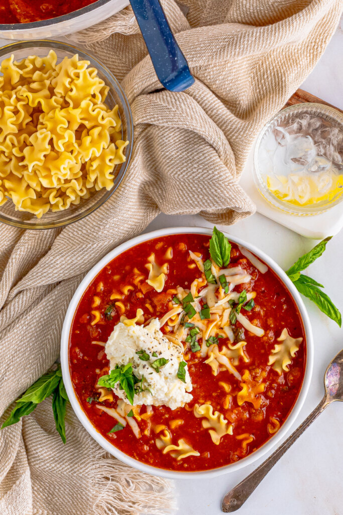 looking down into a bowl of lasagna soup