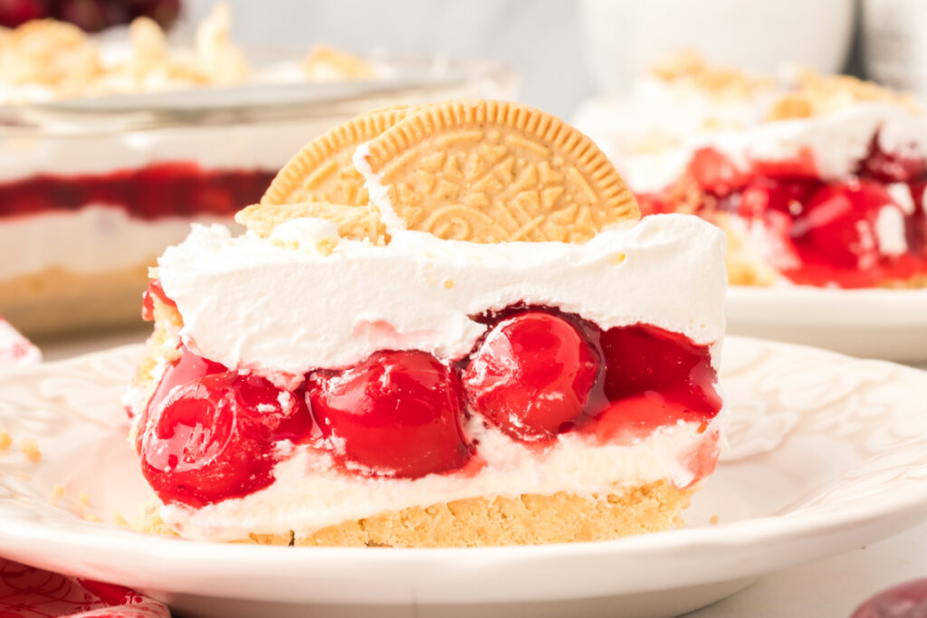 slice of cherry lasagna lush on plate