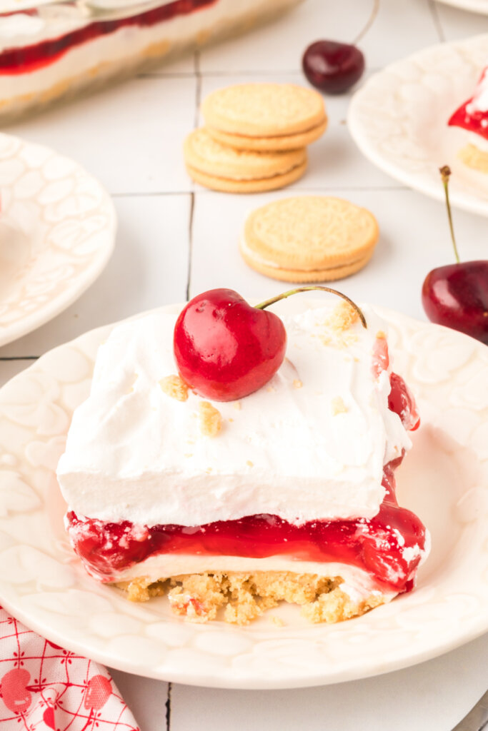 looking down onto a slice of cherry lasagna lush