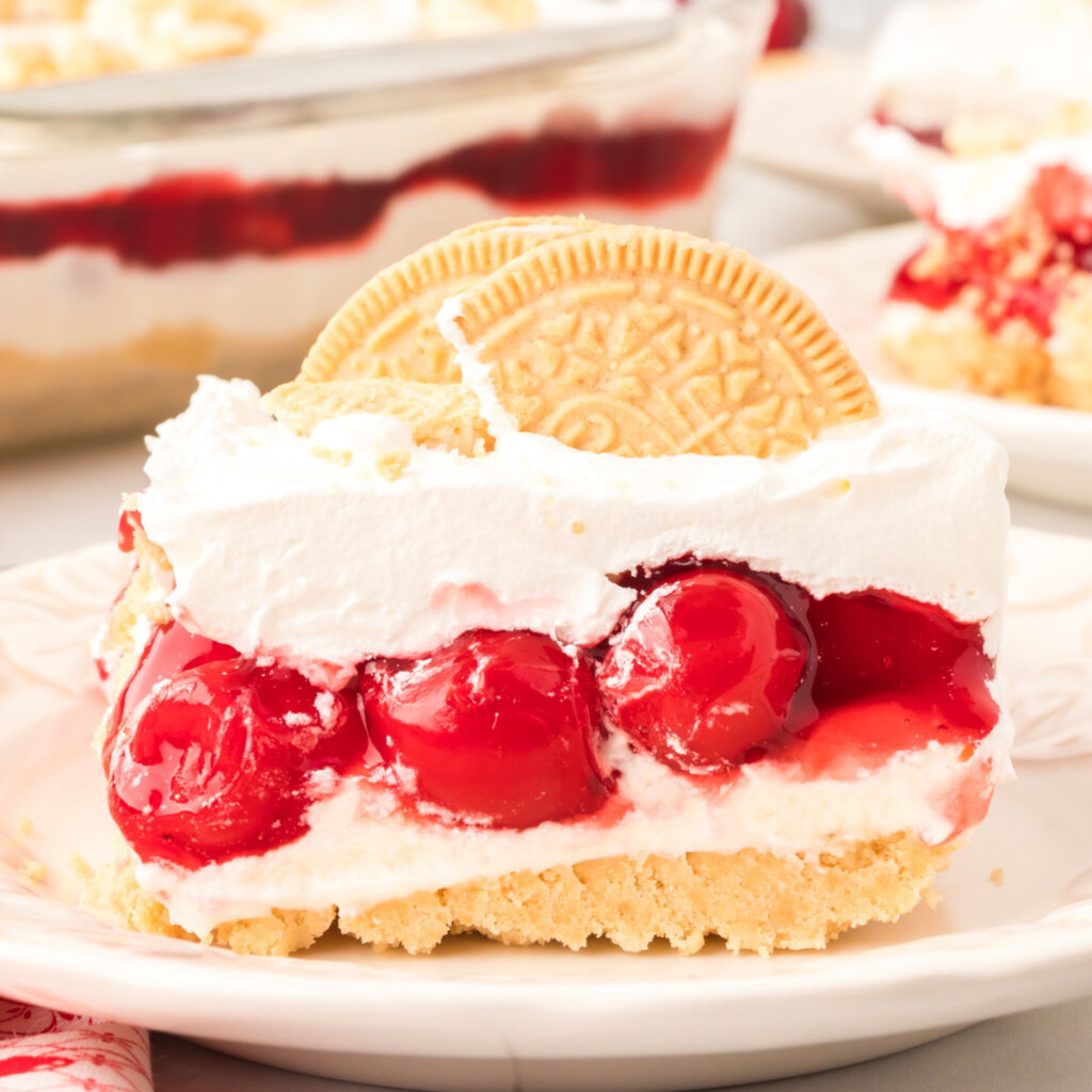 closeup of a slice of Cherry Lasagna Lush