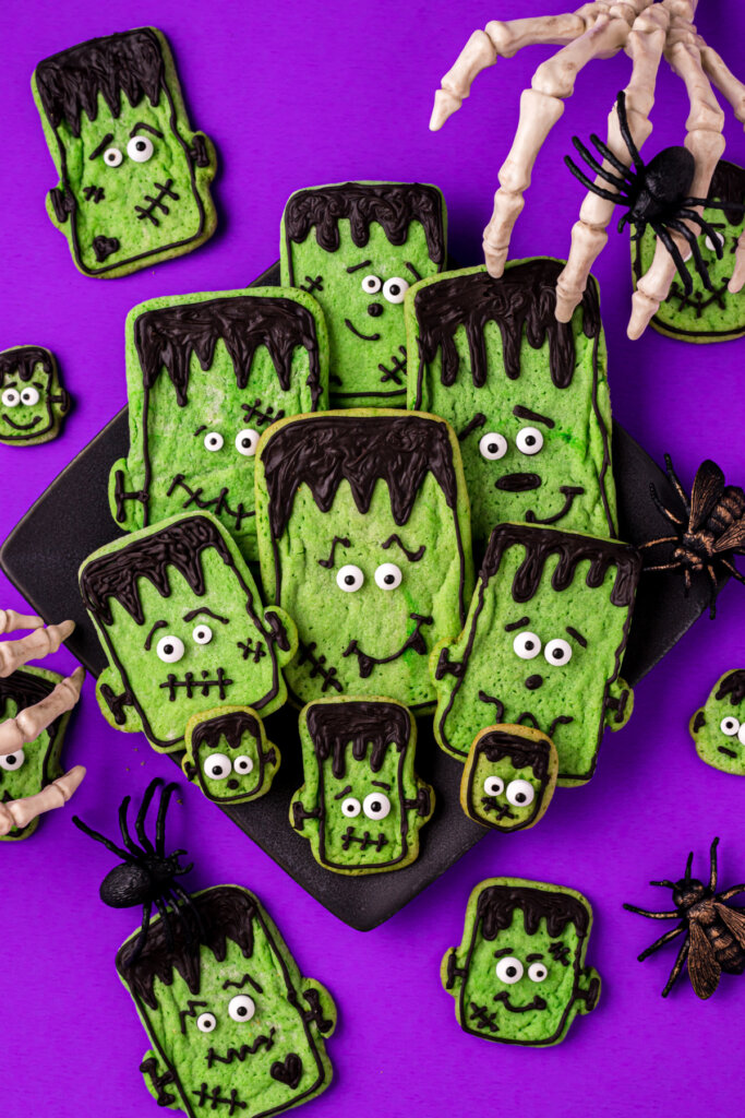 decorated frankenstein sugar cookies on plate