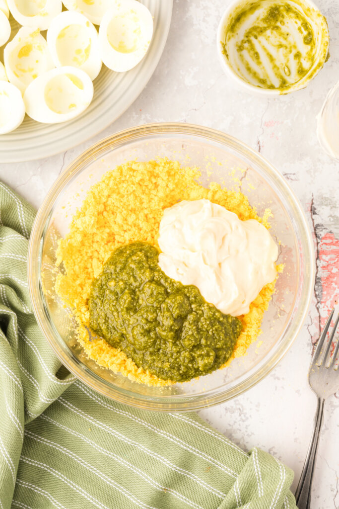 mix in mayonnaise and pesto.