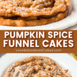 pumpkin spice funnel cakes pin collage