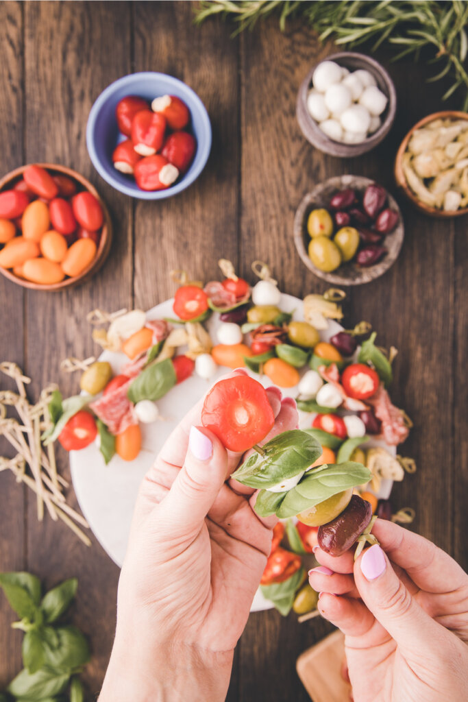 threading ingredients onto skewer