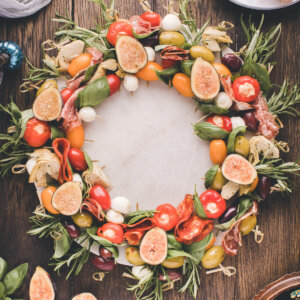 closeup pf an antipasto wreath ready to serve