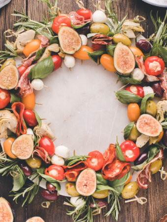 closeup pf an antipasto wreath ready to serve