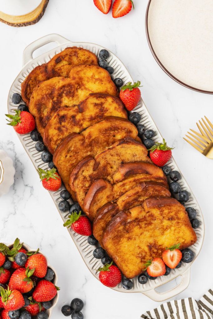 brioche french toast in long serving plate