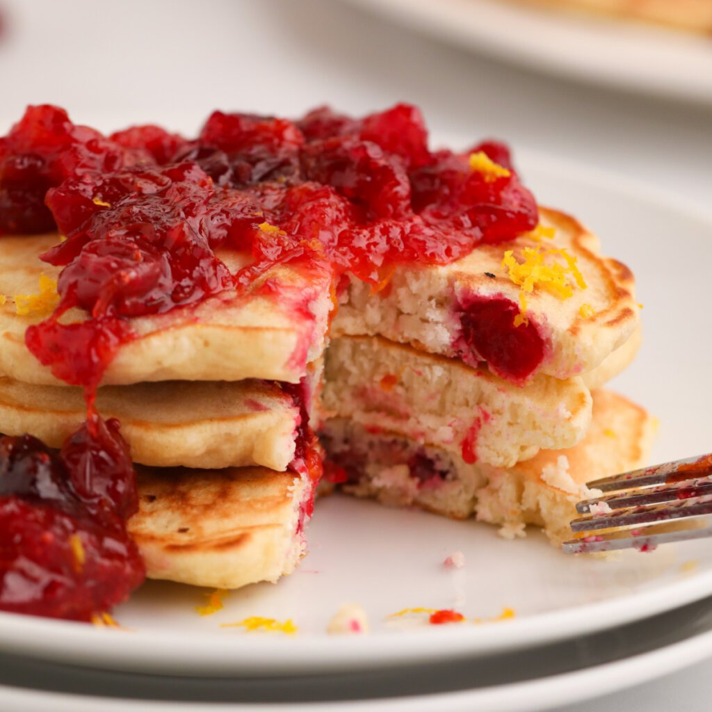 closeup of cranberry orange pancakes