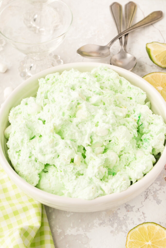 lime fluff salad (aka seafoam salad) in bowl