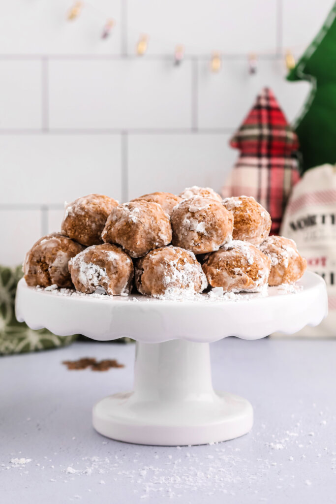 no bake peanut butter snowballs on cake stand