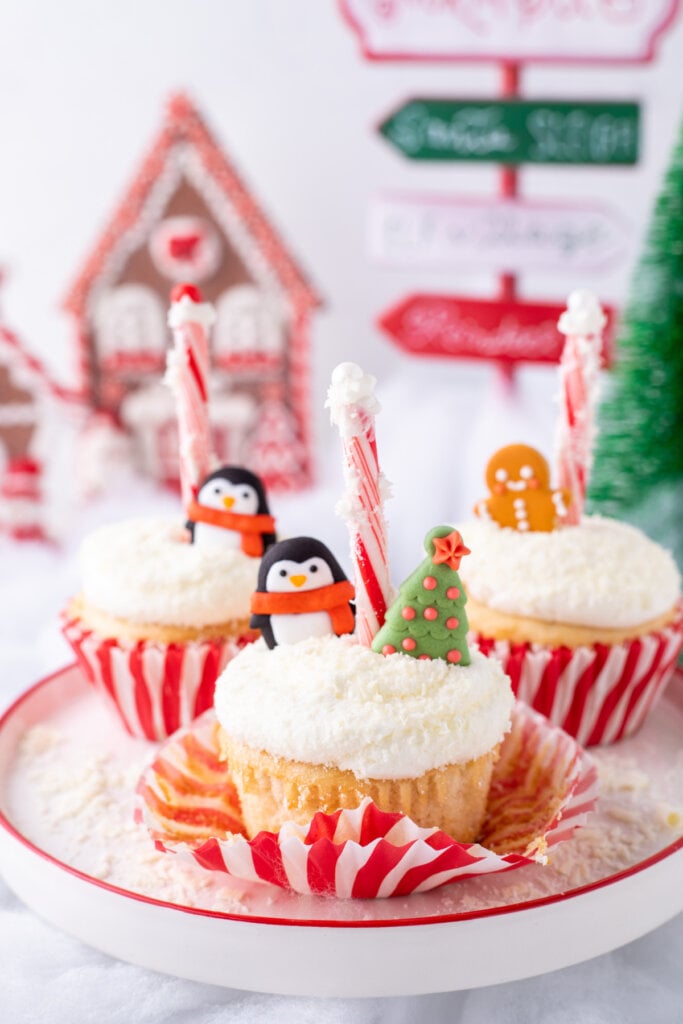 north pole cupcakes on serving plate