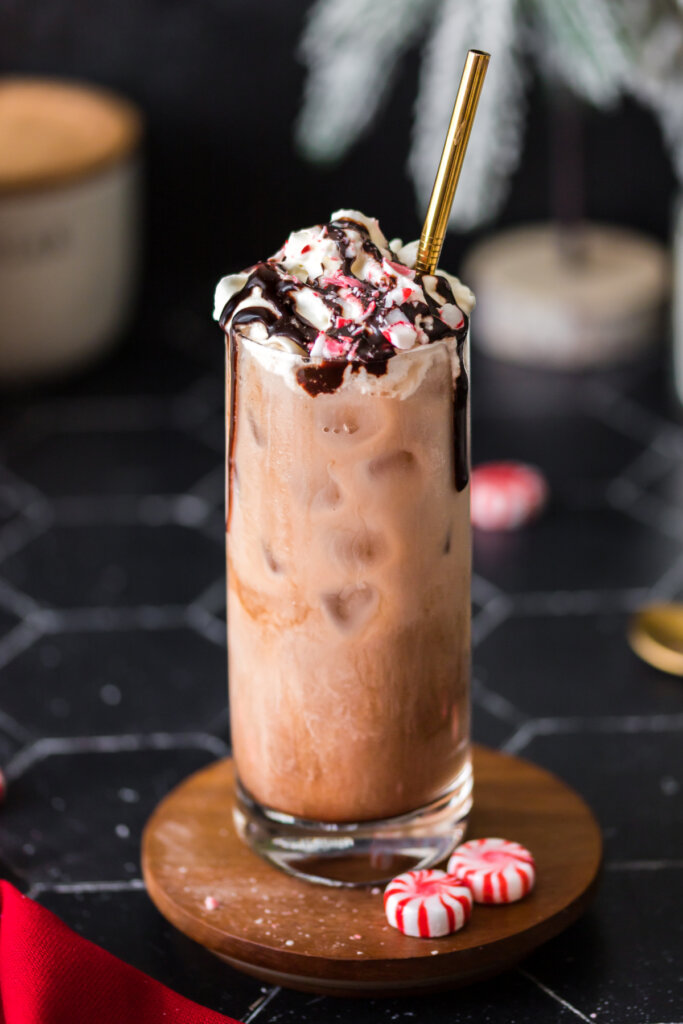 iced peppermint mocha in dark winter background