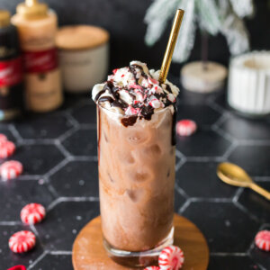 closeup of an iced peppermint mocha