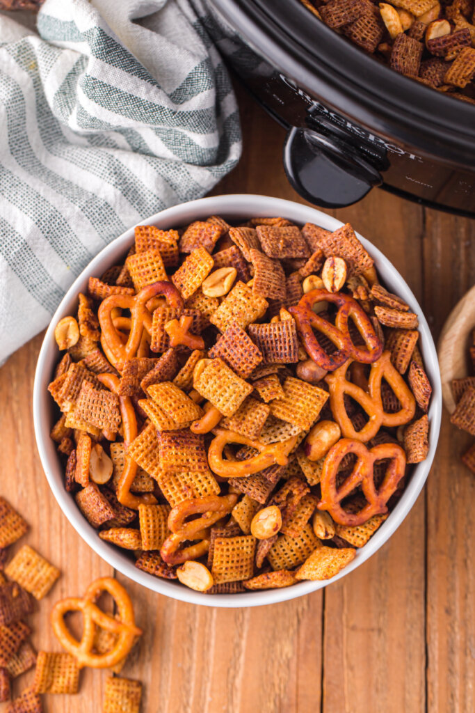 looking down into a bowl of chex mix