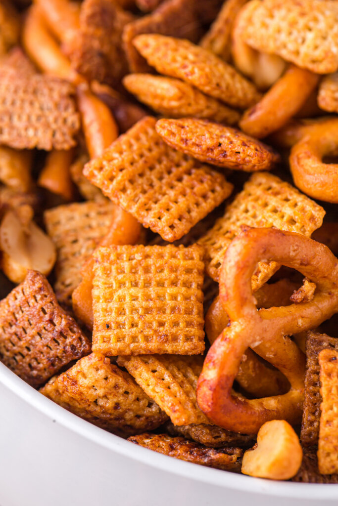 closeup of chex mix