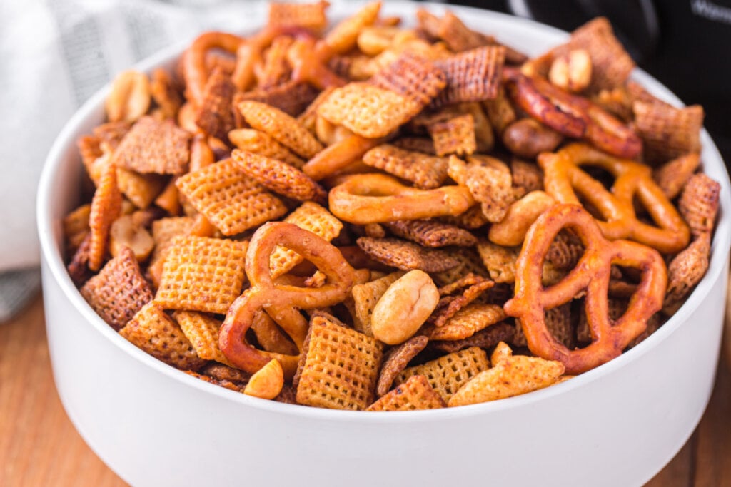 closeup of chex mix in bowl