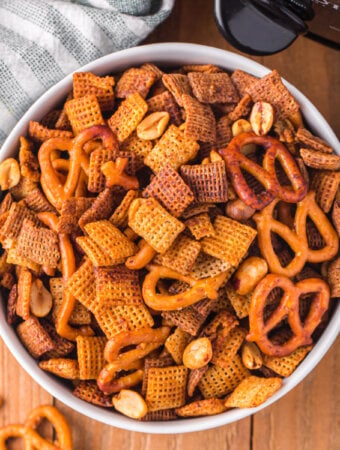 slow cooker chex mix in white bowl