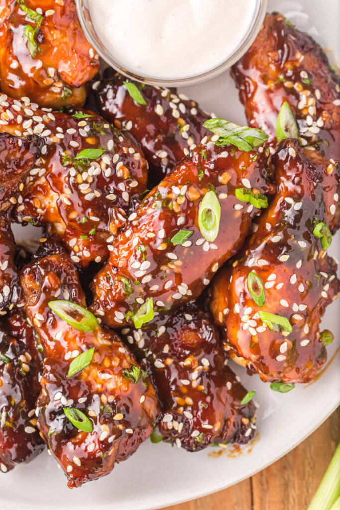 closeup of air fryer teriyaki chicken wings on plate