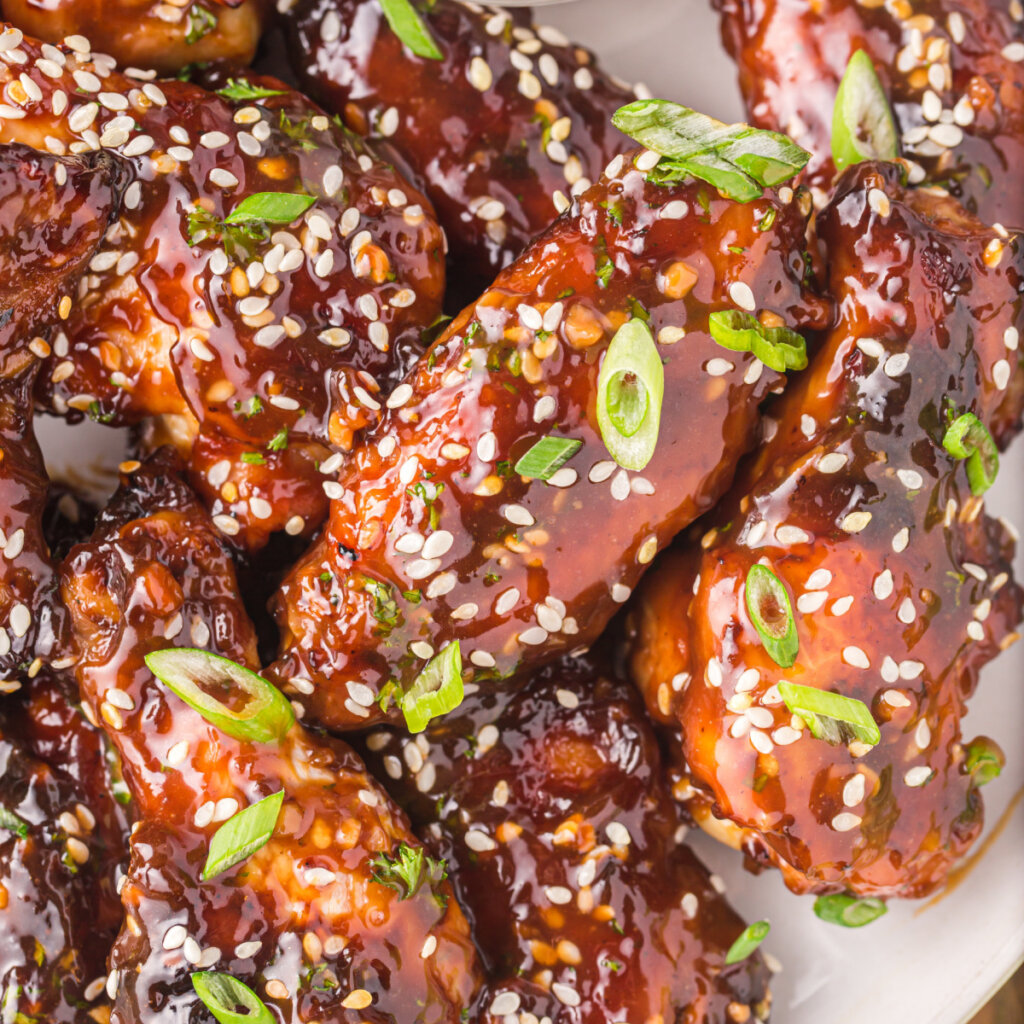 closeup of teriyaki chicekn wings ready to serve