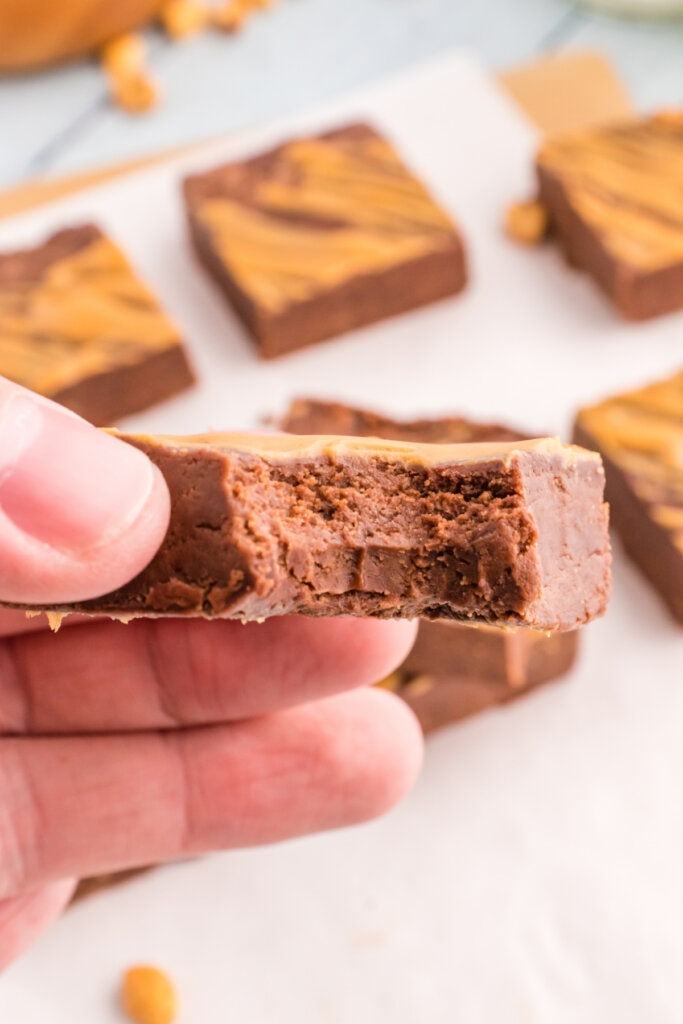 hand holding a bitten piece of fudge to show the texture