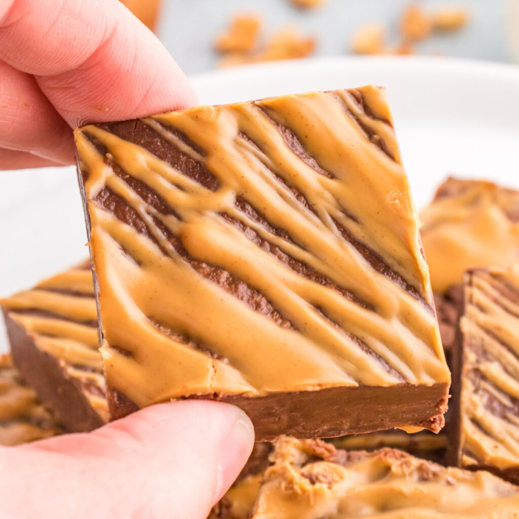 closeup of chocolate peanut butter fudge