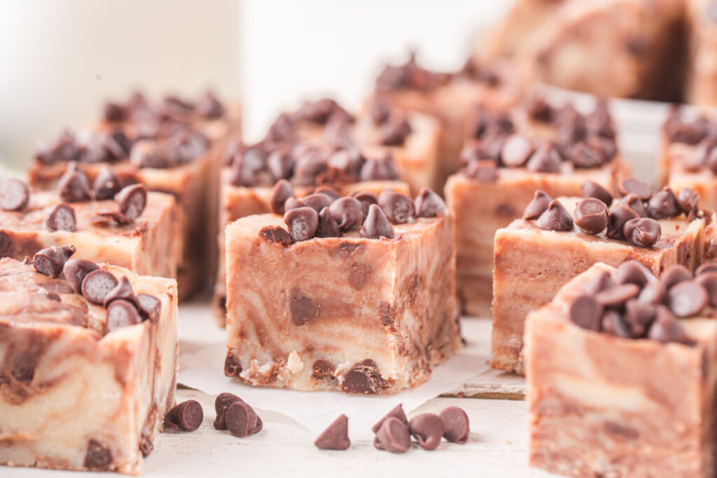 several pieces of cookie dough fudge on table