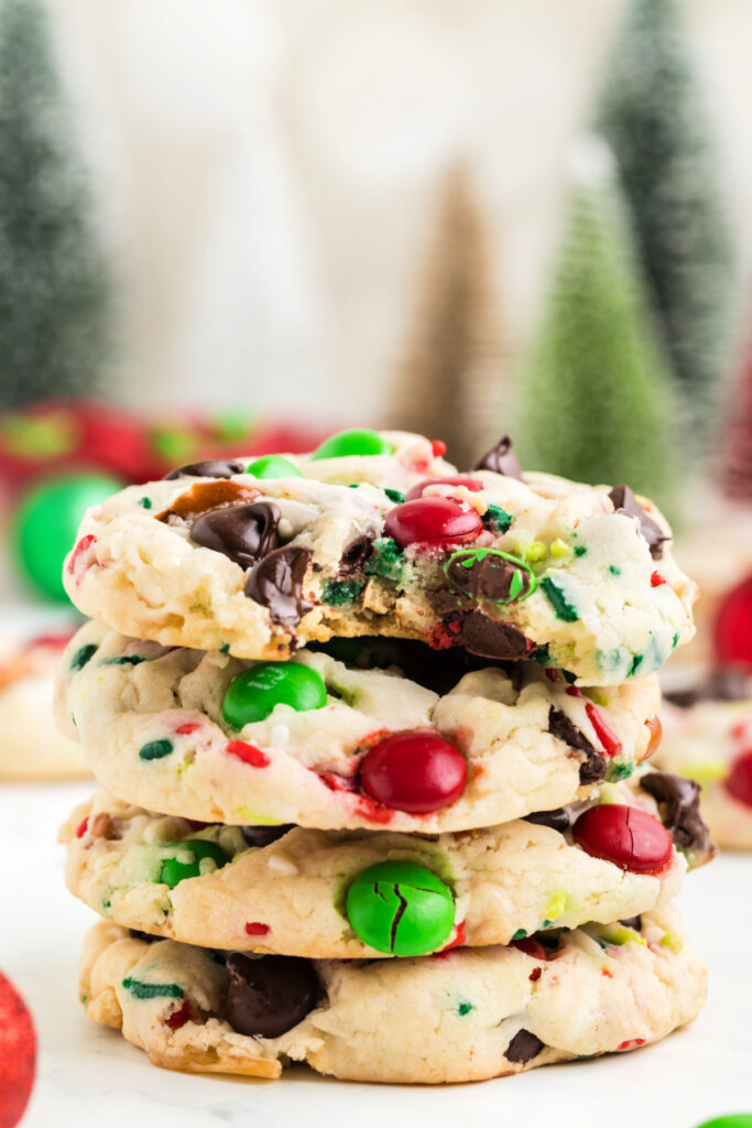 four loaded christmas cookies stacked
