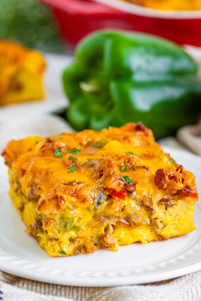 slice of overnight christmas breakfast casserole on plate