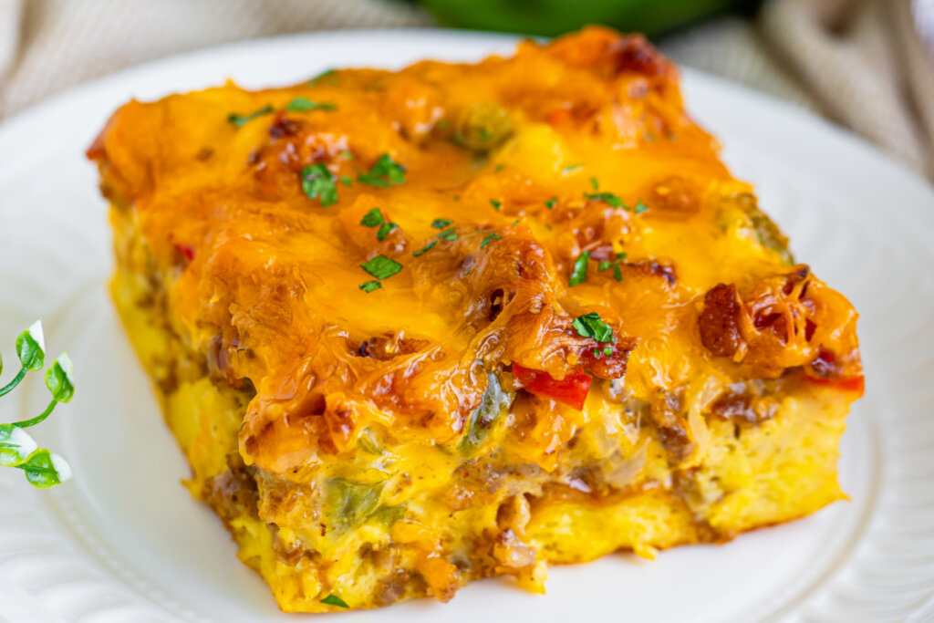 closeup of breakfast casserole slice on plate