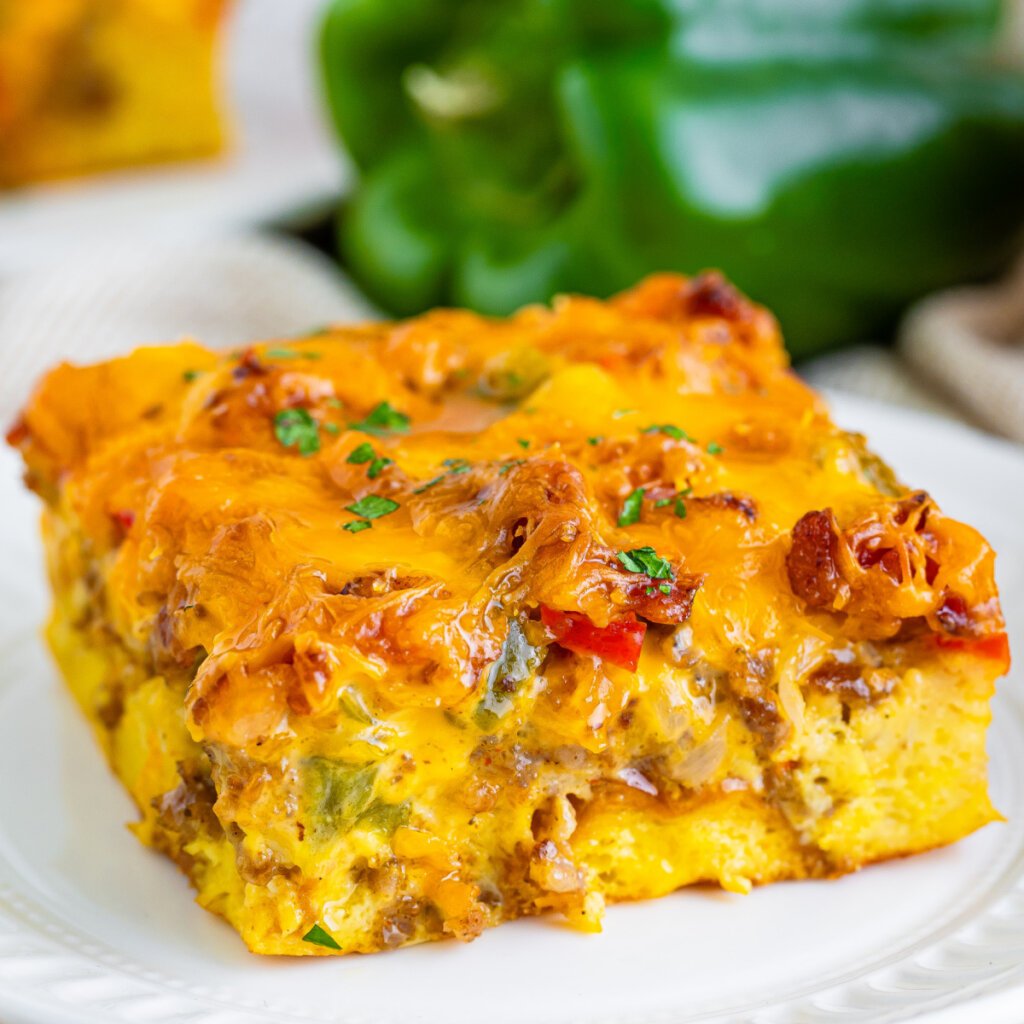 slice of breakfast casserole on plate