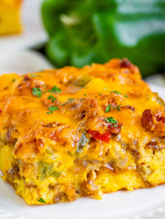 slice of breakfast casserole on plate