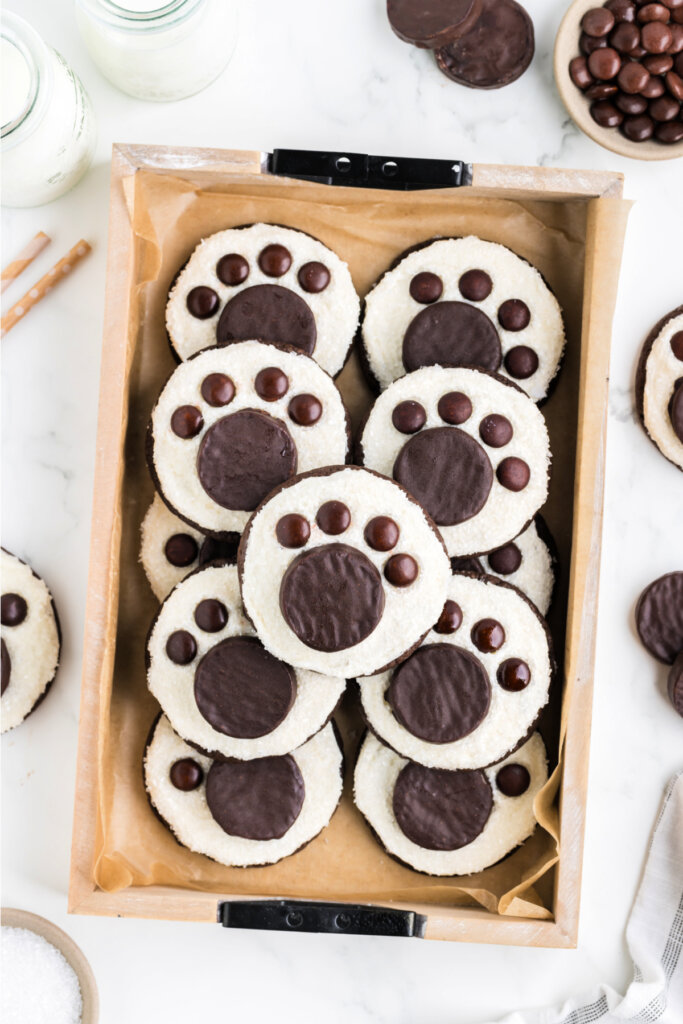 polar bear paw cookies in serving tray