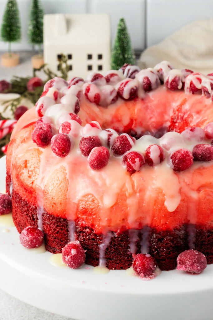 red velvet flan holiday cake on cake stand