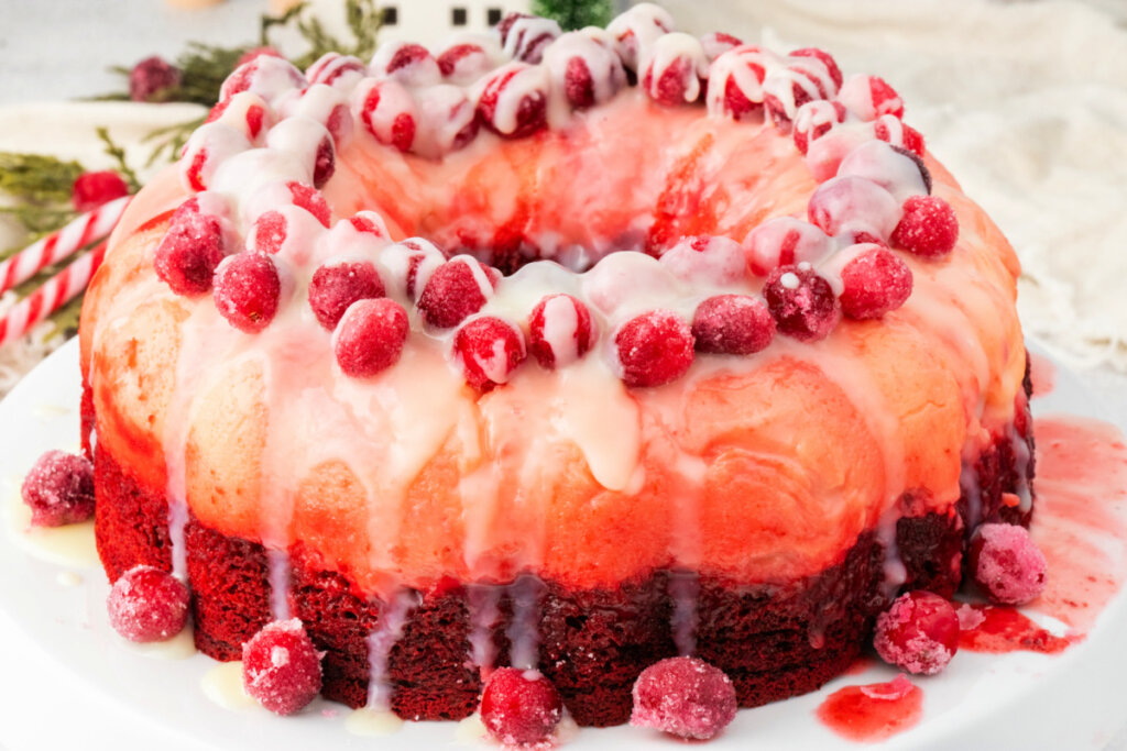 red velvet flan holiday cake on serving platter