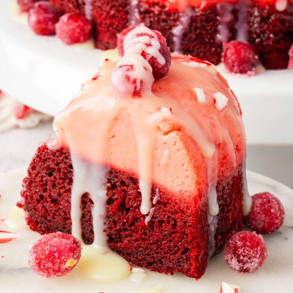 slice of red velvet flan holiday cake on plate