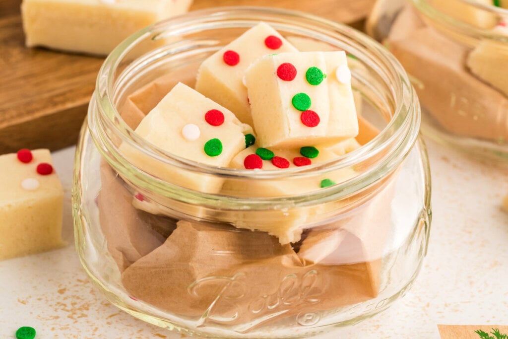 sugar cookie fudge pieces in small glass jar