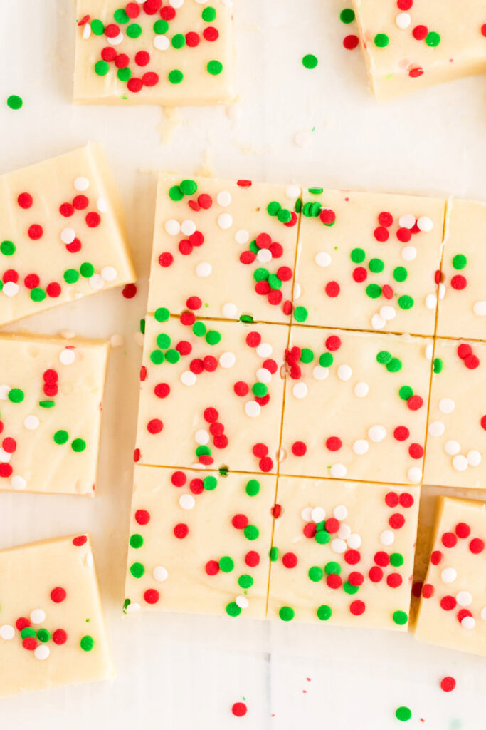 slab of sugar cookie fudge cut into squares