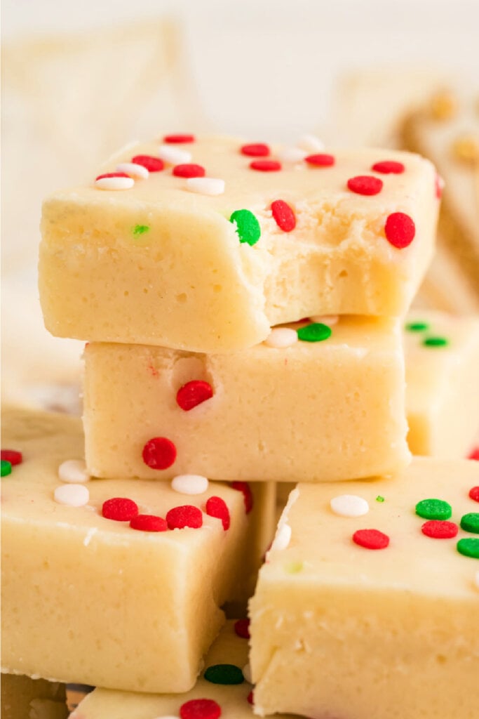 closeup of stacked sugar cookie fudge