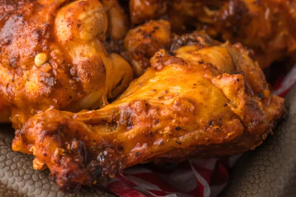 closeup of an air fryer buffalo wing