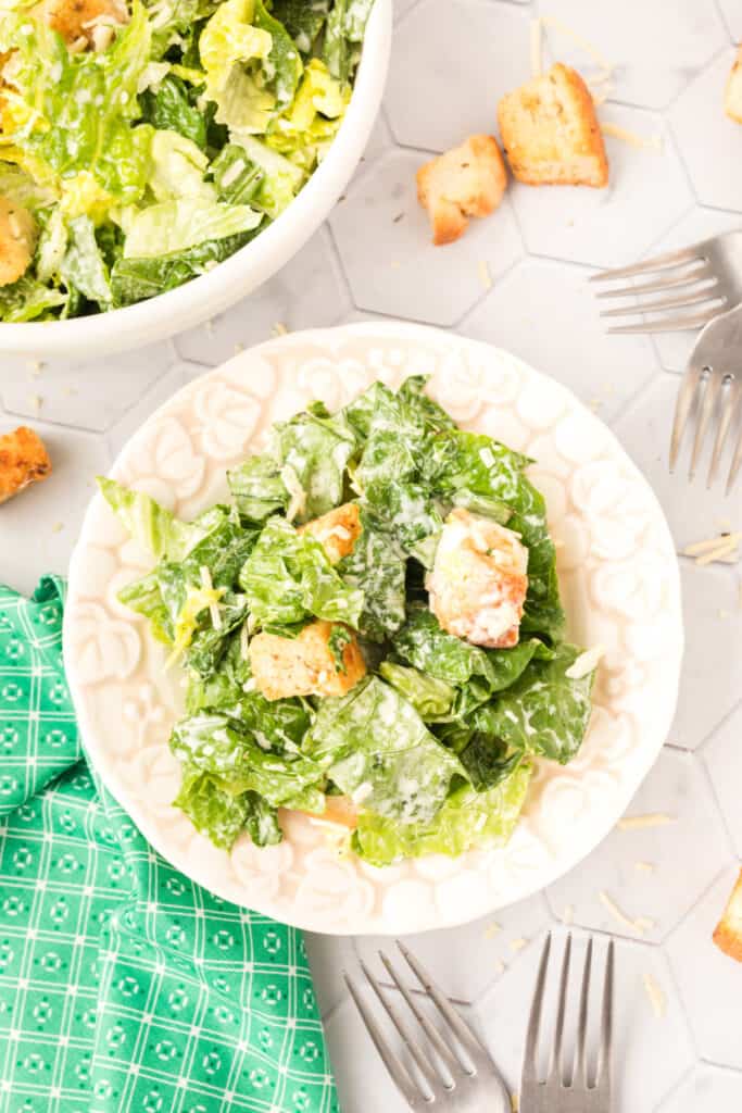 looking down on salad in white bowl