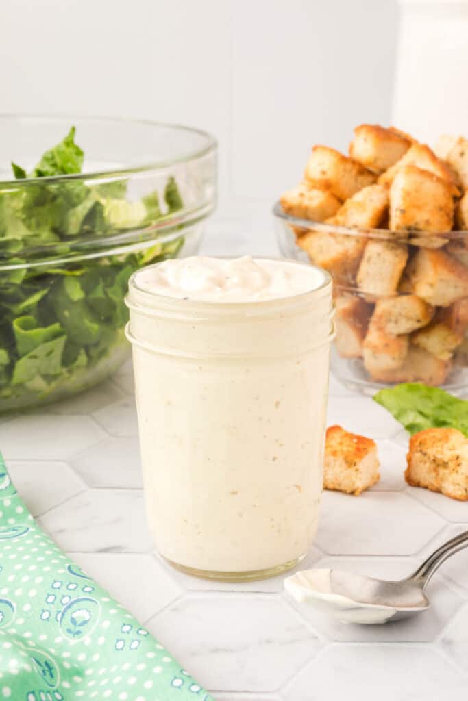 caesar salad dressing in glass jar