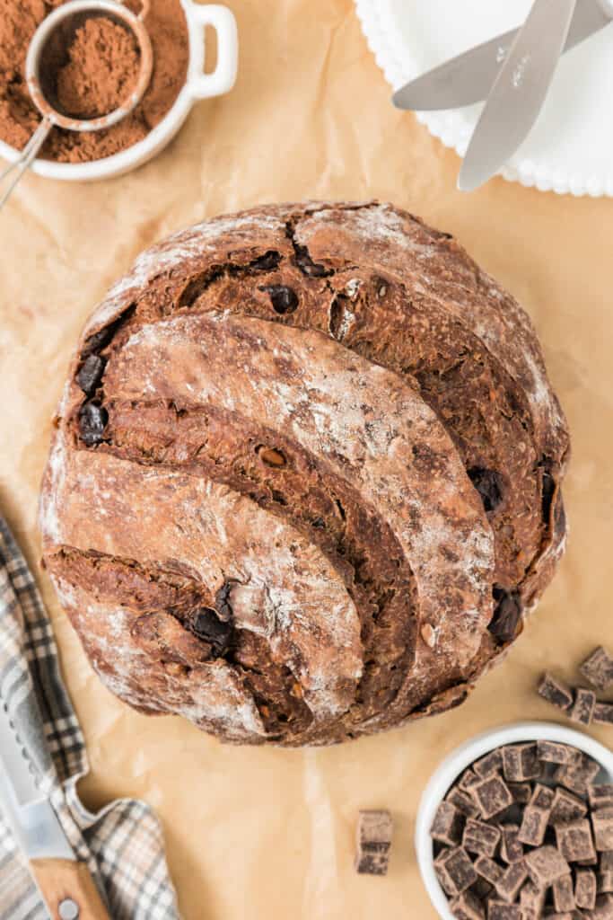 a loaf of chocolate no knead bread