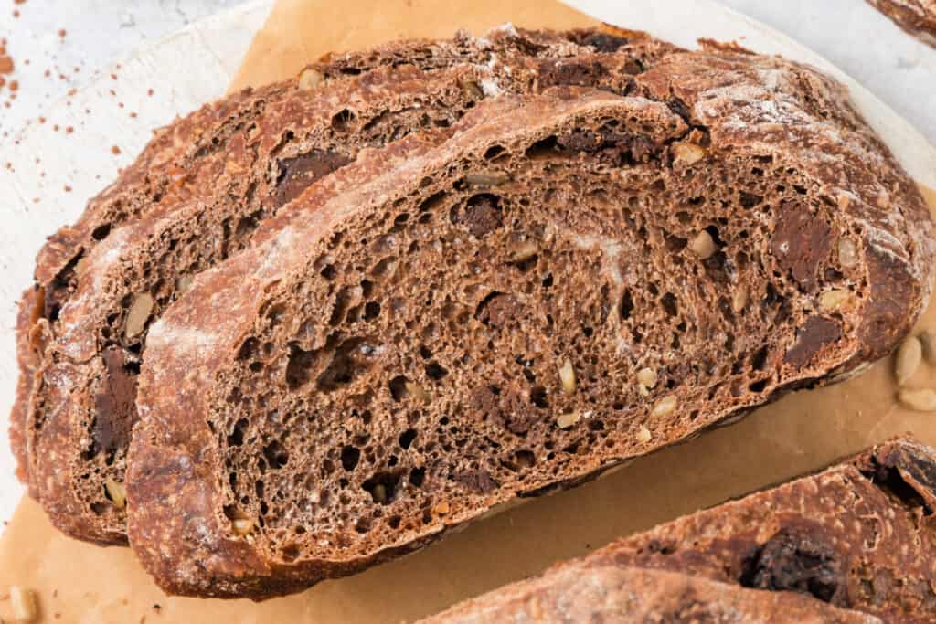 closeup of slices of chocolate no knead bread