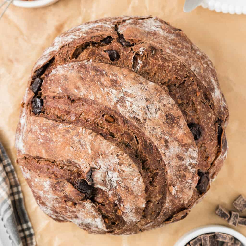 looking down on a laof of chocolate no knead bread