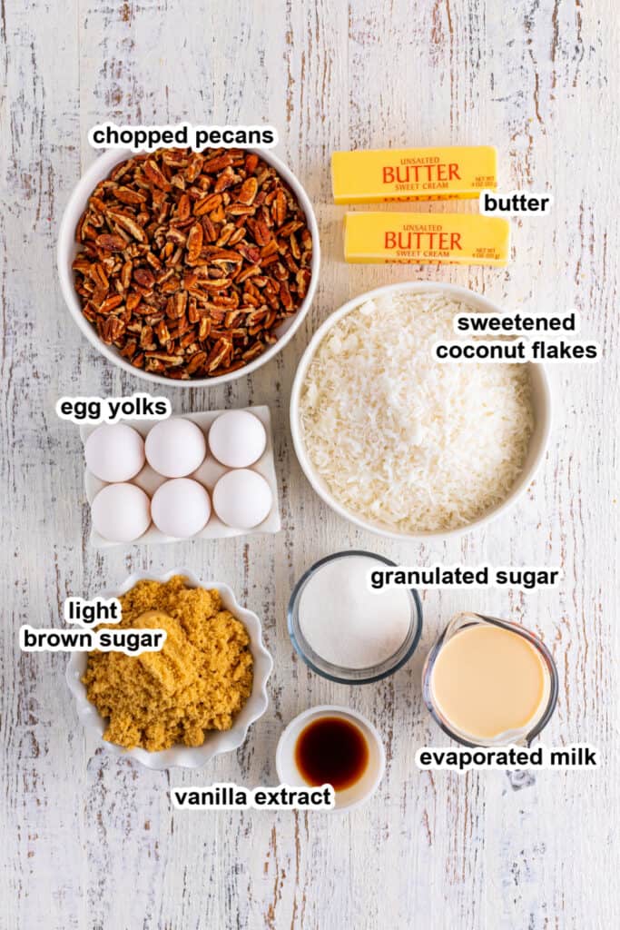 ingredients to make coconut pecan frosting