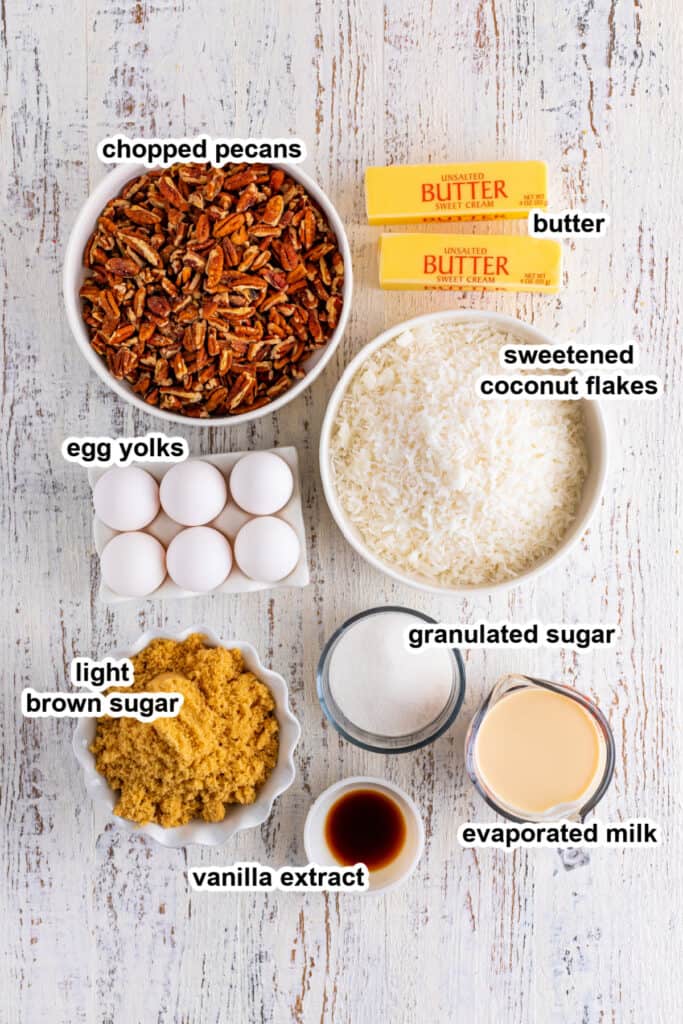 ingredients to make coconut pecan frosting