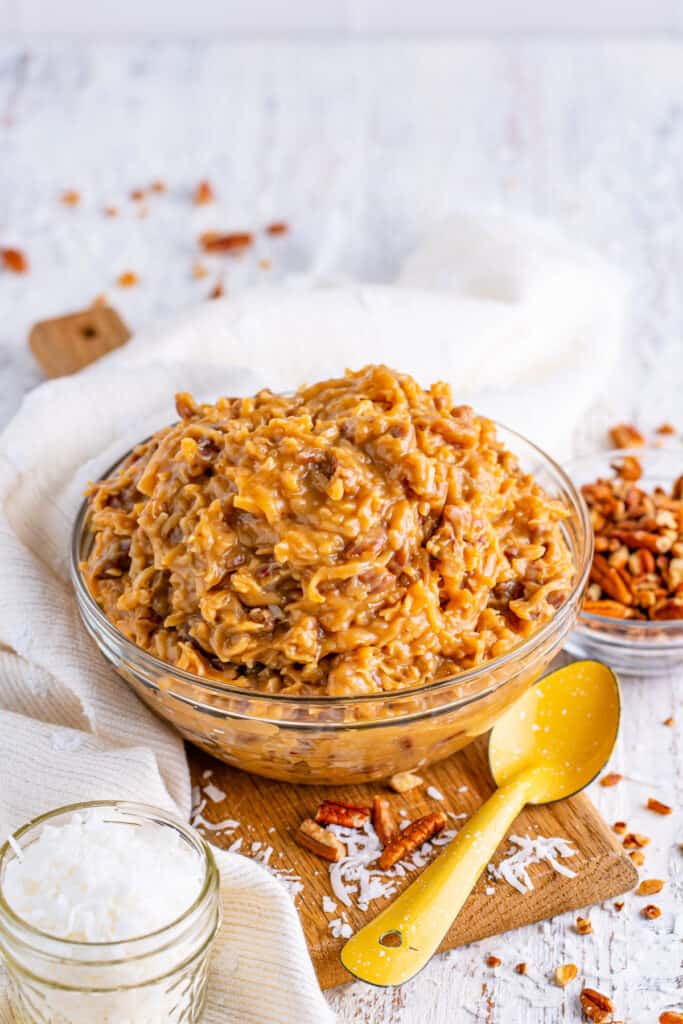 homemade frosting for german chocolate cake in bowl